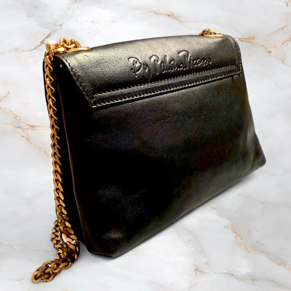 Vintage Paloma Picasso Black Leather Crossbody Bag Gold "X" Logo - Picture 10 of 11
